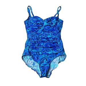 TRIMSHAPER Ruched One‎ Piece Swimsuit 14 Blue Paisley Print Sweetheart Neckline